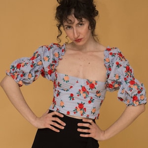 Embroidered bodice: Boned Bustier top with puffed sleeves | Embroidered tops | puff sleeve top
