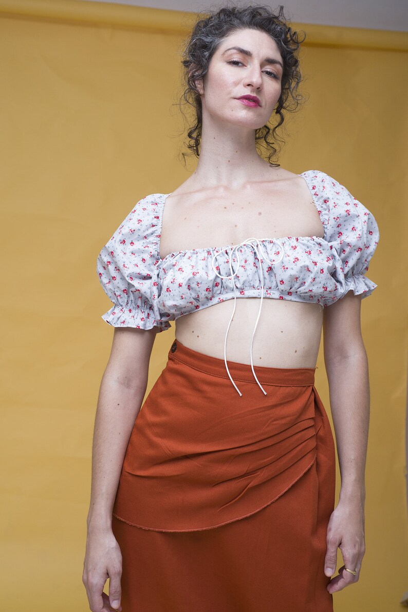 Vintage inspired floral bralette top with puffed sleeves statement top puff sleeve top with open back maiden sleeve crop top image 1