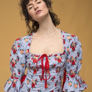 May include: A blue and white striped blouse with red embroidered flowers and a red ribbon tie at the neckline. The blouse has puffed sleeves with ruffles at the cuffs.