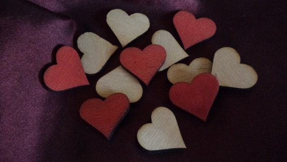 Natural and Red Wood Hearts, Wooden Heart Ornaments, Wooden Heart Shapes,  Valentine's Day Ornaments, Wedding Table Decor, Heart Table Decors 