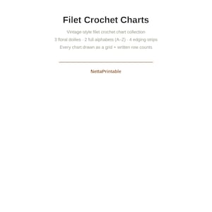 May include: A digital document titled Filet Crochet Charts. It contains a collection of vintage-style charts including 3 floral doilies, 2 full alphabets from A to Z, and 4 edging strips. Each chart features a grid and written row counts.