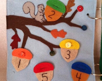 Felt Quiet Book page-Squirrel Counting, Button Fine Motor Activity, Preschool Math