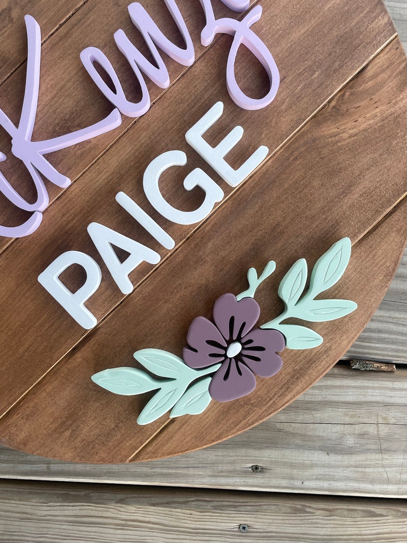 Floral Round Nursery Sign Wooden Name Sign Nursery Decor Etsy