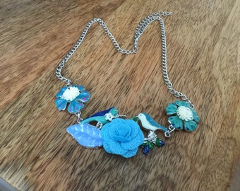 Lariat Necklace Painted Porcelain Bead Dragonfly Turquoise Brown and White Beaded Necklace N30