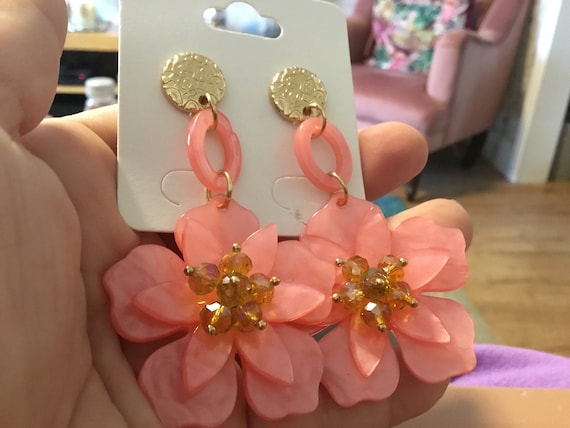 Acrylic pink flower drop earrings beaded centres