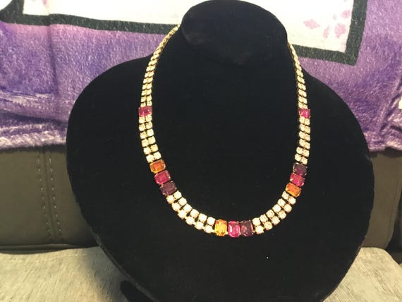 1980s diamonte necklace goldtone with colored diamontes 16 inch