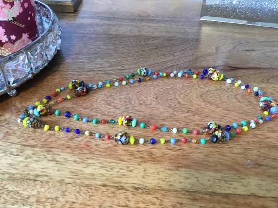Vintage long 20 inch multi color harlequin beads necklace metal links end of days necklace