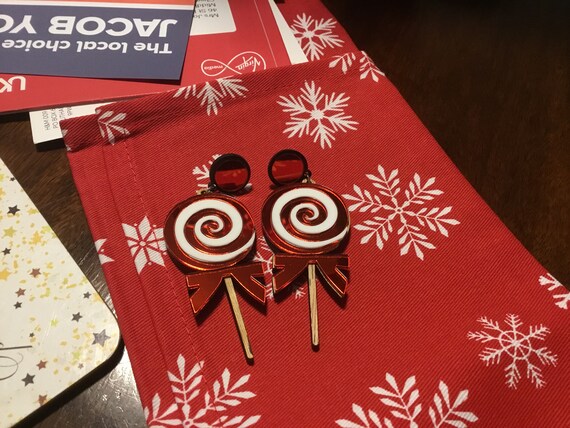 Acrylic candy lollipop earrings red mirror acrylic on wood back