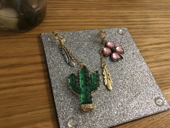 Cactus flower earrings with leaf pierced ears