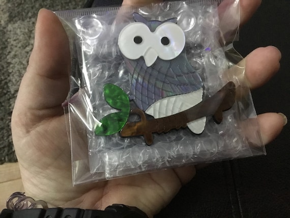 Acrylic owl on branch brooch statement piece
