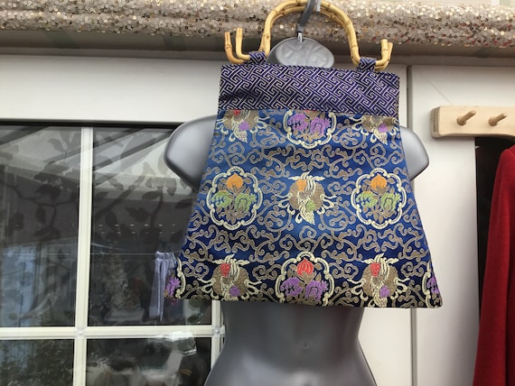 Vintage chinese style silk satin bag bamboo handles unknown era