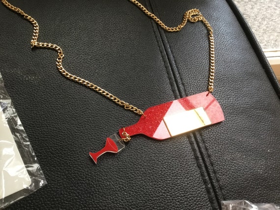 Fun wine bottle and glass necklace acrylic on goldtone chain