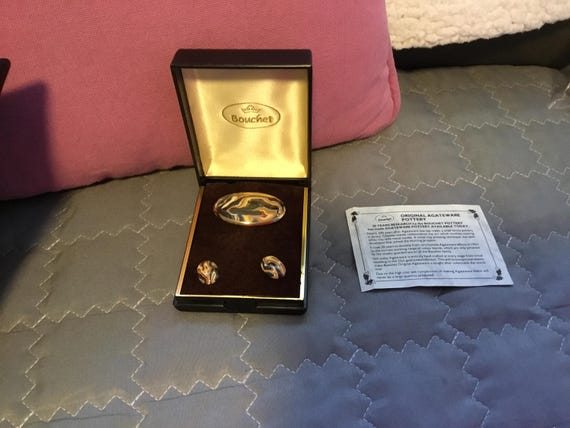 vintage 1990s bouchet agate earrings and brooch set boxed