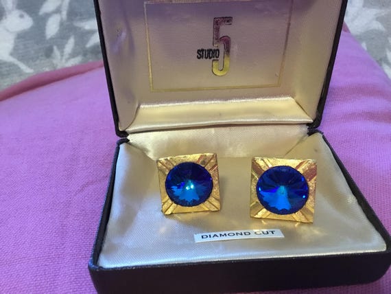 vintage studio 5 cufflinks in original box blue cut glass goldtone