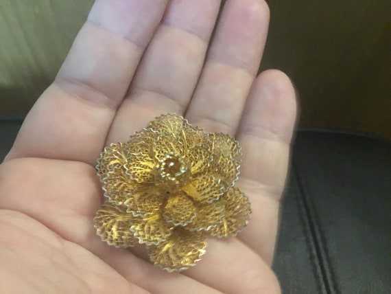 Silver gilt filigree vintage brooch 1950s 60s ish era maybe earlier