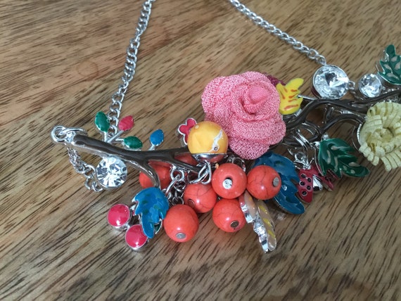 Autumn charm necklace with fabric flower  and glass berrie