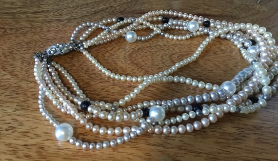 Vintage faux pearl stranded necklace art deco clasp