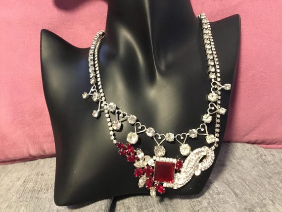 vintage 1980s ish necklaces one bib style with red diamonte