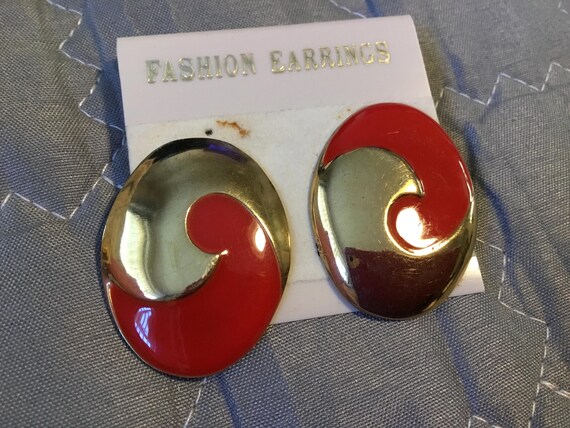 vintage 1980s earrings clip on red and goldtone