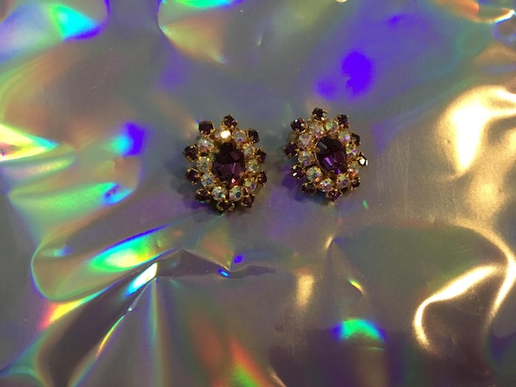 vintage 1970s clip on earrings purple ab diamonte