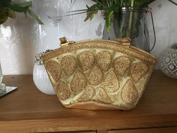 Vintage 90s fully beaded and diamonte accents gold color bag small