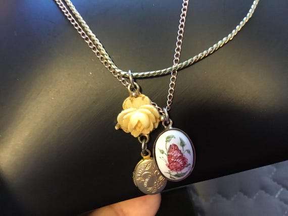 vintage locket necklace and vintage silver necklace with butterfly