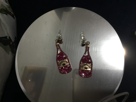wine bottle earrings pink diamonte