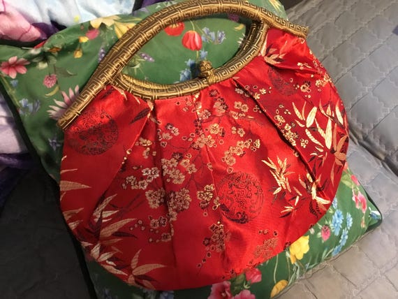 vintage 1990s chinese satin oriental red bag 34 cm long 19cm height