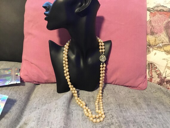 vintage 1940s double strand 24 inch faux glass pearl necklace ornate diamonte clasp