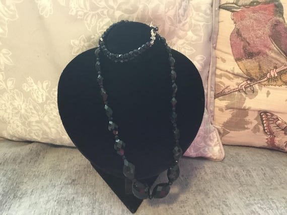 vintage 1960s jet glass faceted necklace with bracelet