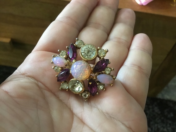 Vintage 1950s ish era faux fire opal stones and paste stones purple and clear