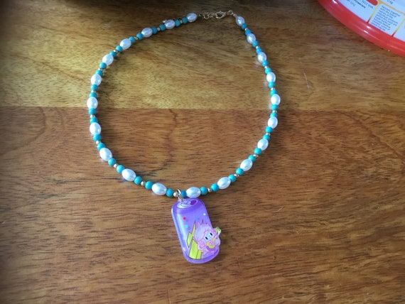 Necklace 14 inch with glittery lilac soda can