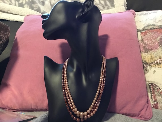 vintage 1940s triple strand brown faux  pearl necklace 16 inch