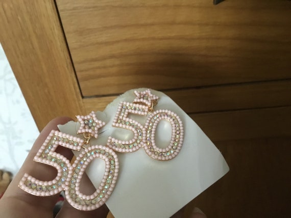 50th birthday earrings pink diamonte