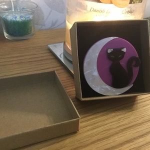 Schwarze Katze auf Mondsichel Brosche Acryl