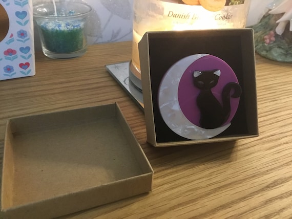 Black cat on crescent moon brooch acrylic
