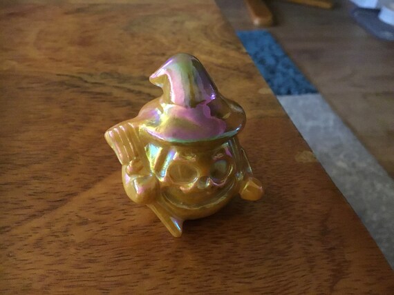 Aura jade carved witch pumpkin with broom