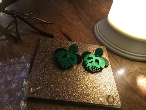 Acrylic poison apple mouse ear earrings green glitter