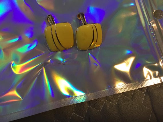 vintage enamel clip on earrings 1980s era yellow