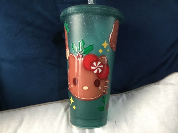 cold cup kitty and friends gingerbread style green glittery