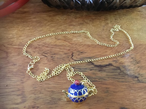 Teapot necklace blue enamel
