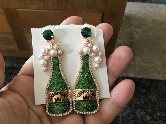 Champagne bottle earrings green pierced ears