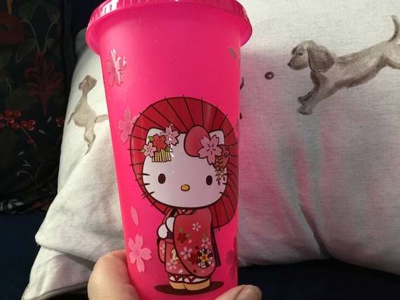 cold cup kitty geisha hot pink glittery plastic