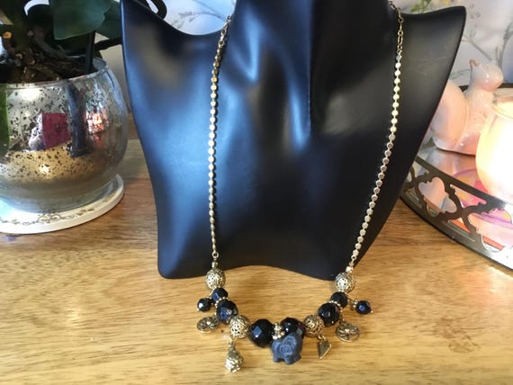 vintage pilgrim necklace in black and goldtone with charms 22 inch