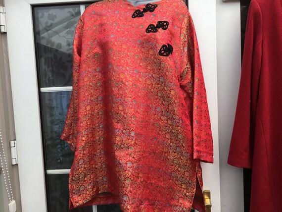 Vintage handmade chinese style red longline shirt size uk 18 poss 90s era