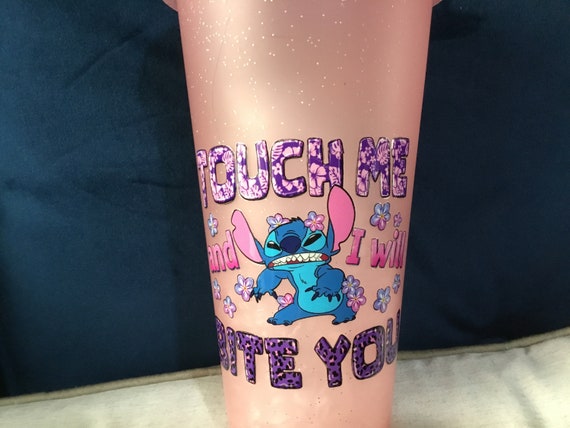 cold cup stitch inspired funny slogan on pink glittery  cup