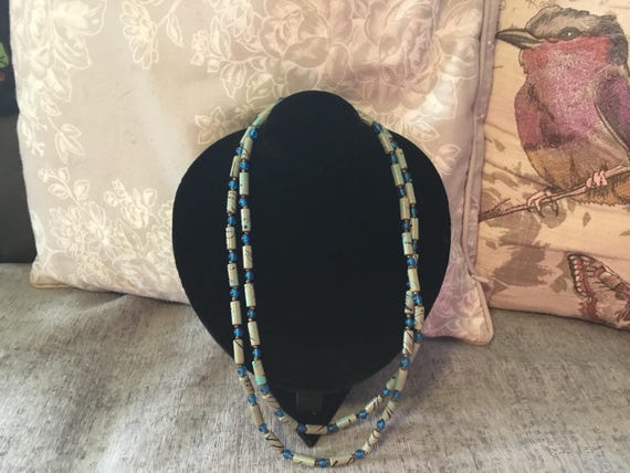 vintage 50s ish long necklace 23 inch blue tones