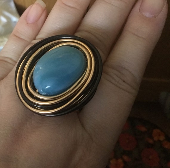 Wire wrap ring size 9 blue faux pebble stone