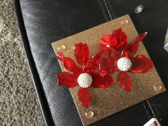 Acrylic red pearlescent flower earrings statement piece