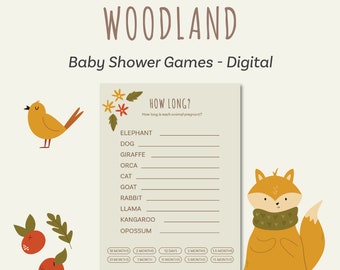 May include: A digital baby shower game card titled HOW LONG? with a list of animals including elephant, dog, and giraffe. The card features a yellow bird, two red berries with leaves, and a fox wearing a green scarf on a light beige background.